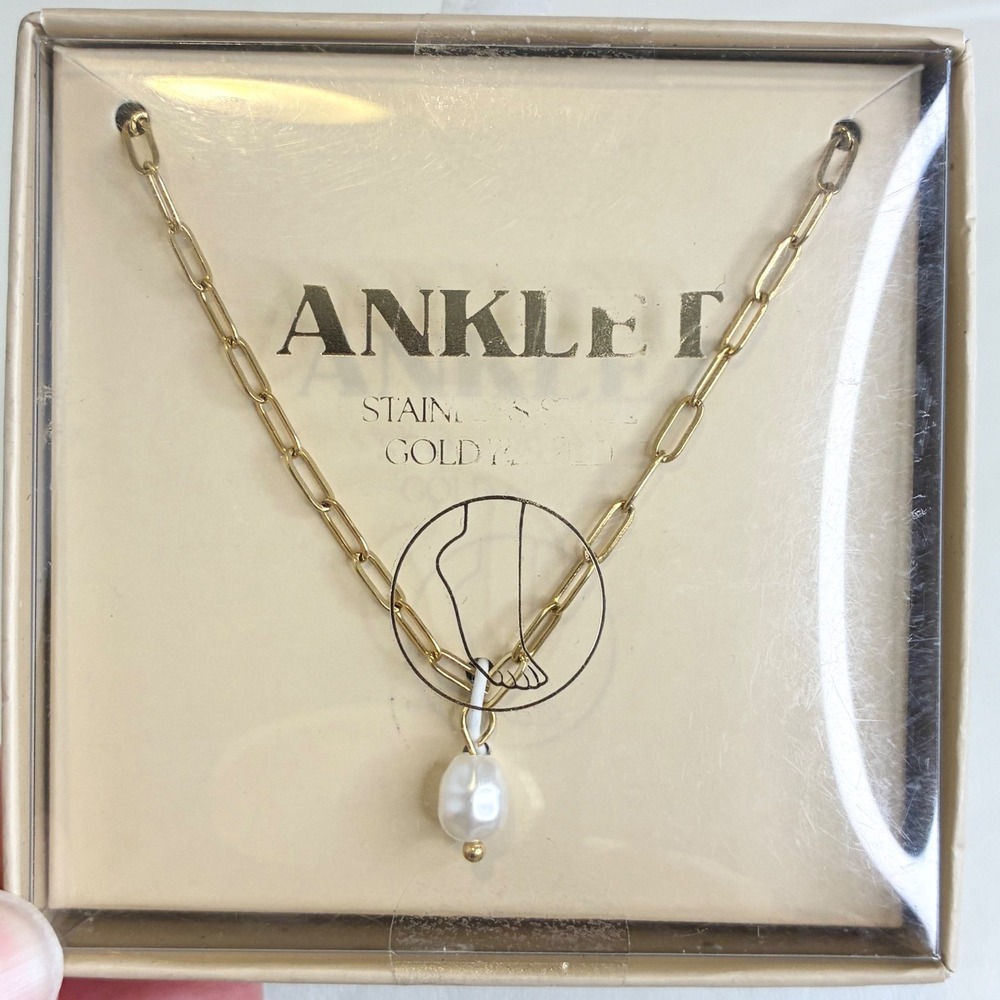 Paperclip Chain Anklet Faux Pearl Accent Gold Tone Stainless Steel - Picture 2 of 5